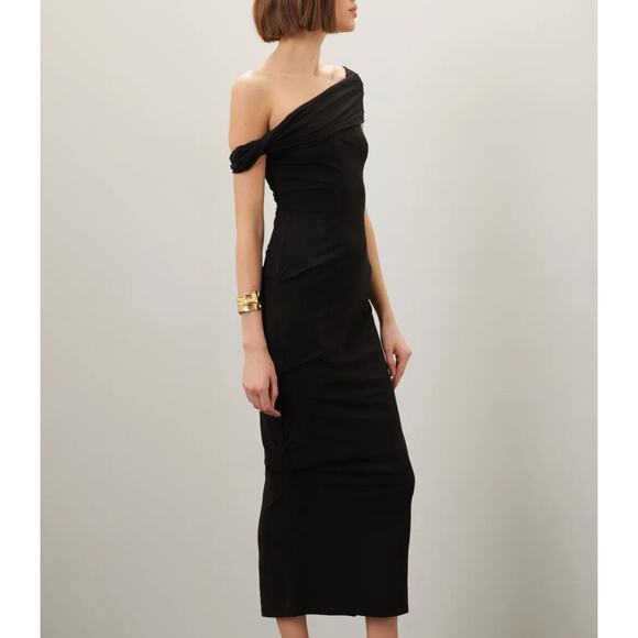 Paris Georgia Black Ruched Midi Dress MEDIUM Bodycon Off Shoulder Cocktail $250 - Picture 2 of 10